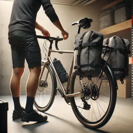 Cycliste préparant un équipement de voyage à vélo avec sacoches et matériel de camping