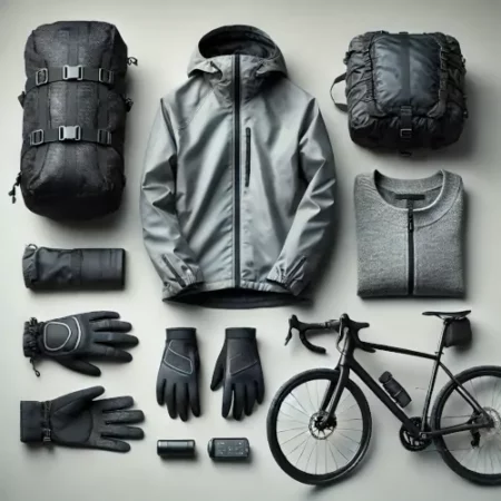 Équipement de randonnée vélo pour anticiper la météo, avec veste imperméable et gants