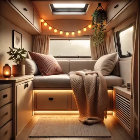 Intérieur cosy de camping-car avec coussin, couverture, plante et guirlande lumineuse