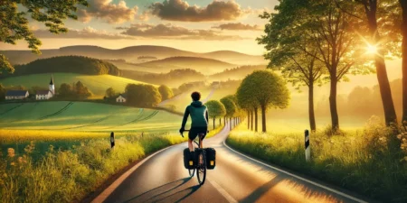 Cycliste seul sur une route de campagne pittoresque, entouré de collines et d’arbres au coucher du soleil