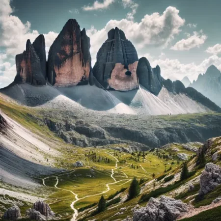 Vue pittoresque du sentier de randonnée Tre Cime di Lavaredo dans les Dolomites, idéale pour la randonnée en Europe.