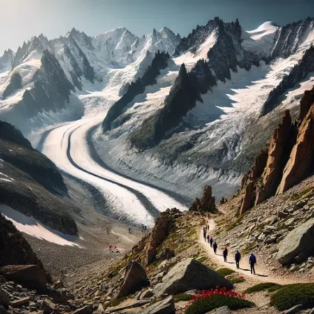 Vue à couper le souffle de la Haute Route Chamonix-Zermatt avec des sommets enneigés et des glaciers, parfaite pour la randonnée en Europe.