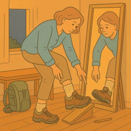Femme testant ses chaussures de randonnée en fin de journée avec chaussettes adaptées